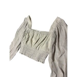 By the River Gray Gold Metallic Smocked Crop Top Balloon Sleeve Blouse